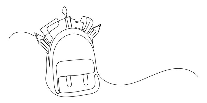 recommend clip art: Opened backpack with stationery. Continuous line drawing.
