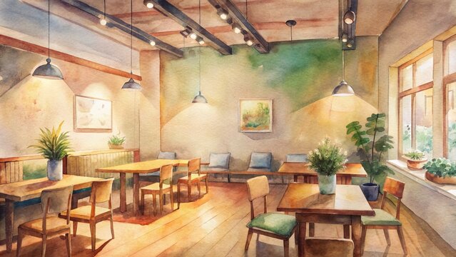Cozy coffee shop interior with warm lighting, wooden tables, and a loyalty rewards board on the wall, surrounded by empty chairs and natural decor.