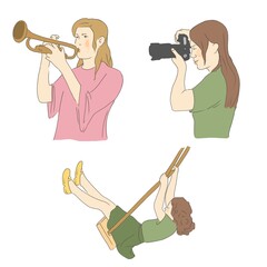 Watercolor girl playing the trumpet, girl taking pictures, girl swinging on a swing isolated on white background