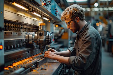 Naklejka premium Factory operator programming a CNC machine in modern manufacturing