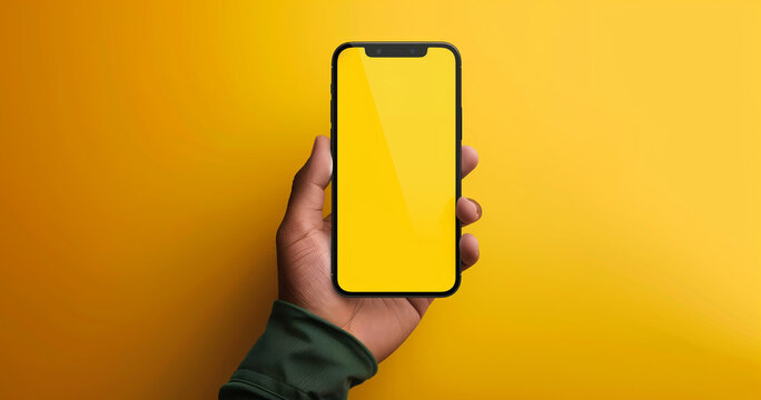 a hand holding, iPhone 15 mockup, yellow backgrounds