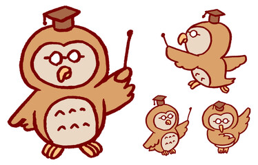 博士のような物知りでかわいいフクロウのキャラ素材