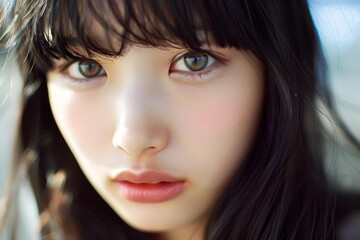 Close Up Portrait of Young Asian Woman with Long Black Hair