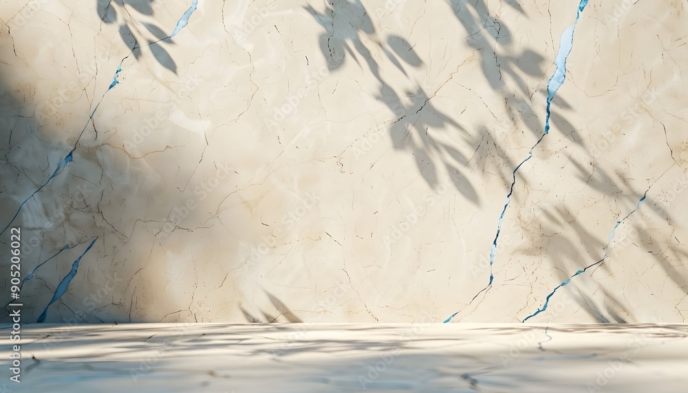 Poster beige marble wall with blue cracks, soft light and shadow, creating an abstract background for produ