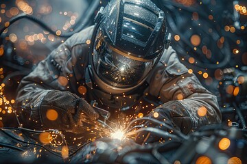 Fototapeta premium Worker factory grinder, sparks metal dynamic industrial setting