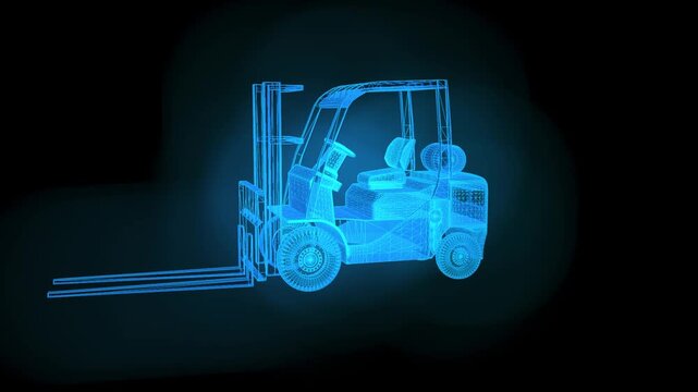 Rotating Wireframe Hologram of a Forklift on a Black Background