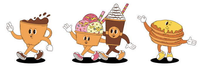 Retro groovy desserts and coffee characters set. Coffee, ice cream, pancakes.