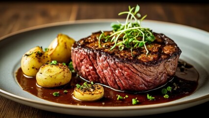  Deliciously cooked steak with roasted potatoes and garnish