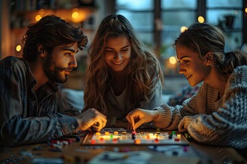 Fototapeta premium Friends playing a board game cozy living room, leisure and fun