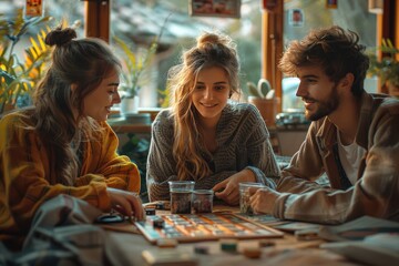 Friends playing a board game cozy living room, leisure and fun