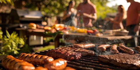 A backyard barbecue scene with a grill full of sizzling steaks, burgers, and sausages, surrounded by friends and family enjoying a sunny day.