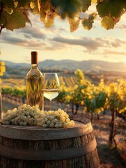 A bottle of white wine and a wine glass are on a wooden barrel