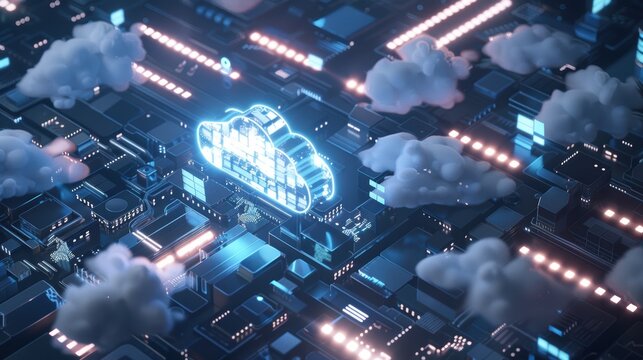Futuristic motherboard with a cloud computing symbol and data transferring through the network