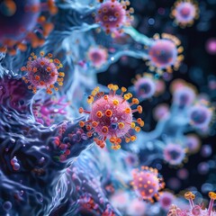 Fototapeta premium Close-up illustration of a virus particle structure in a dark environment, showcasing its intricate design with vibrant colors and details.