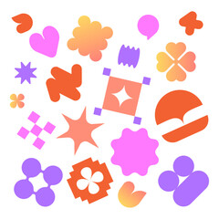 Composition of simple shapes. Y2K design elements. Trendy abstract minimalist figures, stars, flowers, hearts, circles. Vector illustration. stickers. Flat design. Gradient and funky. Retro aesthetic