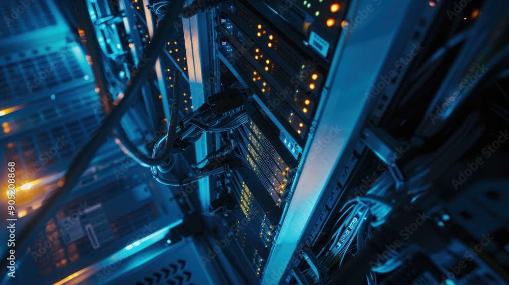 Poster server room equipment is flashing in data center with blurry cables in low angle view
