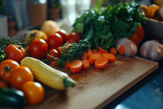A vibrant display of healthy food, featuring fresh fruits and vegetables, emphasizing the importance of cooking nutritious meals. The scene showcases a variety of colorful produce, highlighting the be