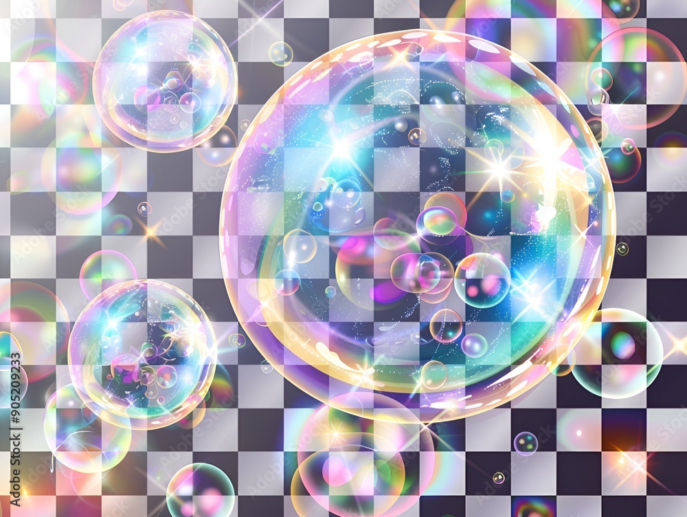 Aufkleber a set of transparent soap bubbles isolated on a checkered background, this vector illustration depic