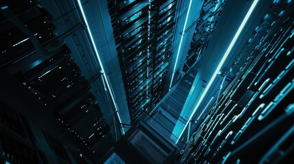 State-of-the-art server room featuring neon lights powering cutting-edge technology for data, network, and communication systems