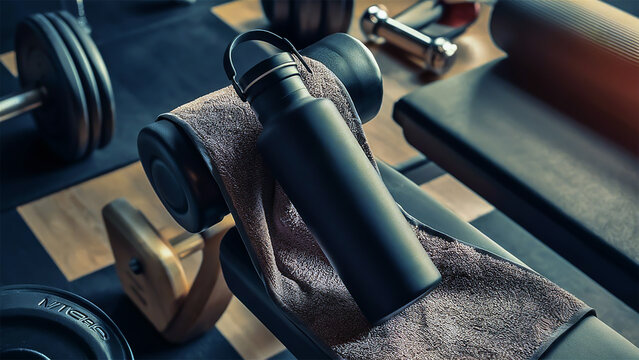 detailed product mockup of sleek matte black water bottle with gym equipment