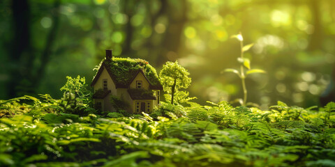 Fototapeta premium Small house in the middle of the forest The house is covered in moss and plants The sun is shining through the trees 