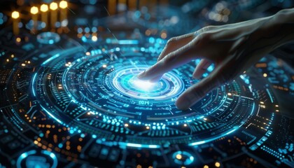 Close-up of a hand interacting with futuristic digital interface, showcasing advanced technology and high-tech innovation.