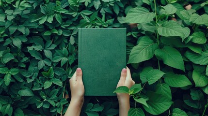 Mockup of hand holding book on green background with eco theme High quality image of nature protection cover template
