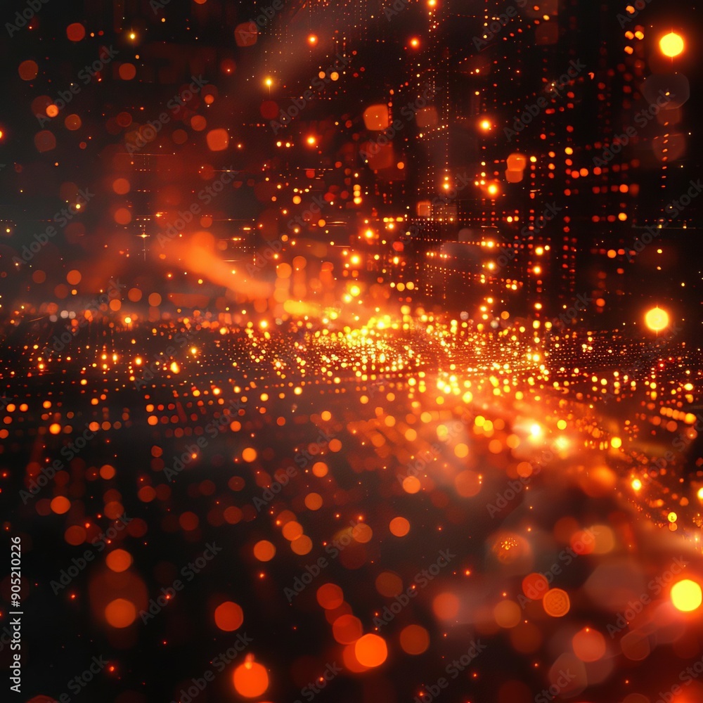 Poster vibrant red and orange light dots forming an abstract digital background with a dynamic, glowing eff