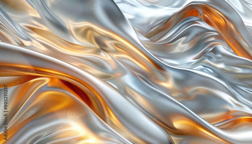 Poster abstract metallic waves in silver and gold tones, creating a smooth flowing texture perfect for futu