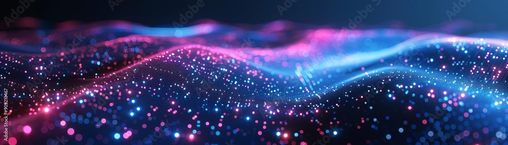 Poster abstract digital landscape with vibrant neon lights and shimmering particles. futuristic glowing wav