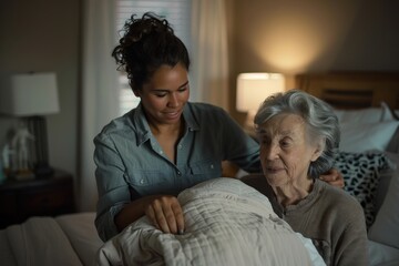 A loving woman cares for her elderly grandmother who is lying in bed, showcasing a warm, supportive interaction in a cozy, well-lit bedroom environment.