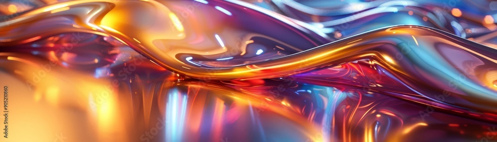 Poster colorful, abstract, vibrant liquid wave patterns with glowing reflections creating a mesmerizing, fl