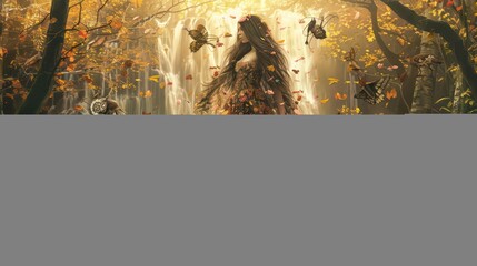 A woman is surrounded by animals and leaves
