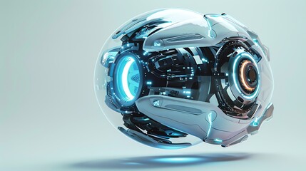 A futuristic, white drone with a glass dome, and blue and orange lights.