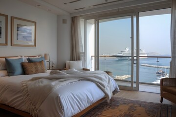 This luxurious bedroom offers a comfortable white bed, artistic decor, and a magnificent yacht view...