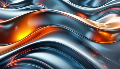 Fototapeta premium Abstract metallic waves with vibrant orange highlights creating a futuristic and dynamic visual effect, showcasing smooth and reflective surfaces.