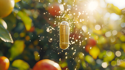 Glowing Vitamin Capsule in Sunny Orchard