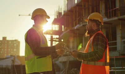 Two construction workers, wearing safety vests and helmets, in conversation at a construction site during sunset, embodying teamwork and coordination in a modern setting