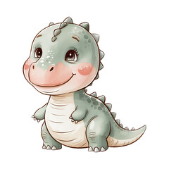 Little watercolor dinosaur. Cute hand drawn dinosaur illustration. Cartoon smiling dinosaur