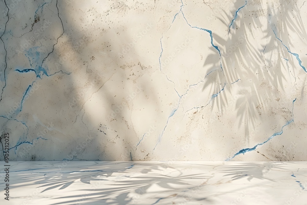 Poster beige marble wall with blue cracks, soft light and shadow, creating an abstract background for produ