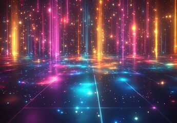 Obraz premium フロアのカラフルな光線と星が特徴的なデジタル背景