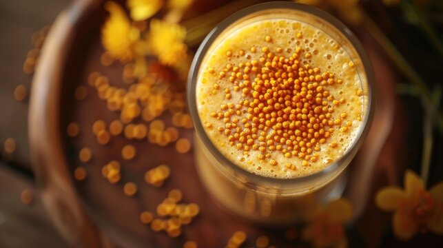 Bee pollen dish creamy warm or cold shake smoothie golden colored drink