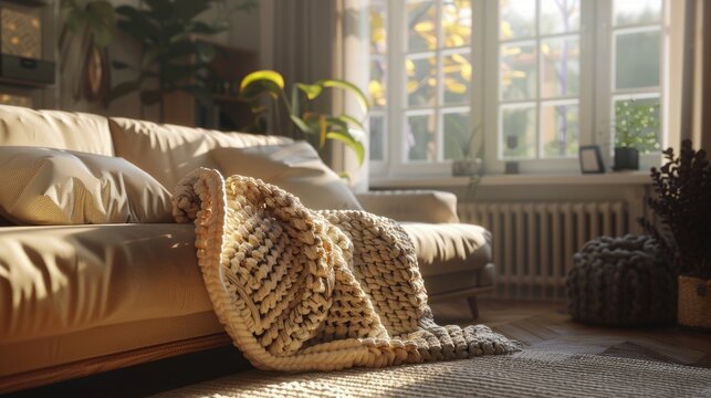 Cozy living room interior with knitted blanket on comfortable sofa