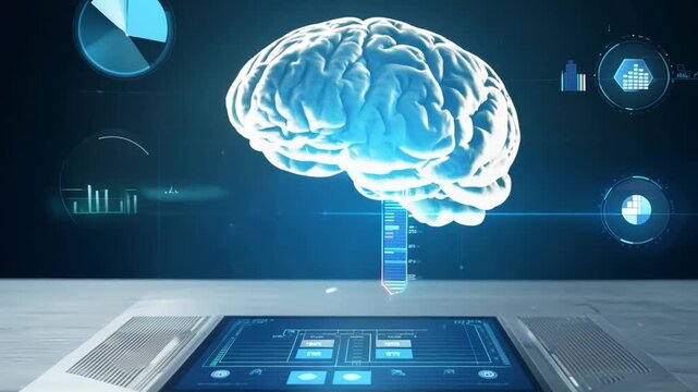 A hologram of a human brain is showcased in a modern laboratory equipped with advanced technology and interactive interfaces.