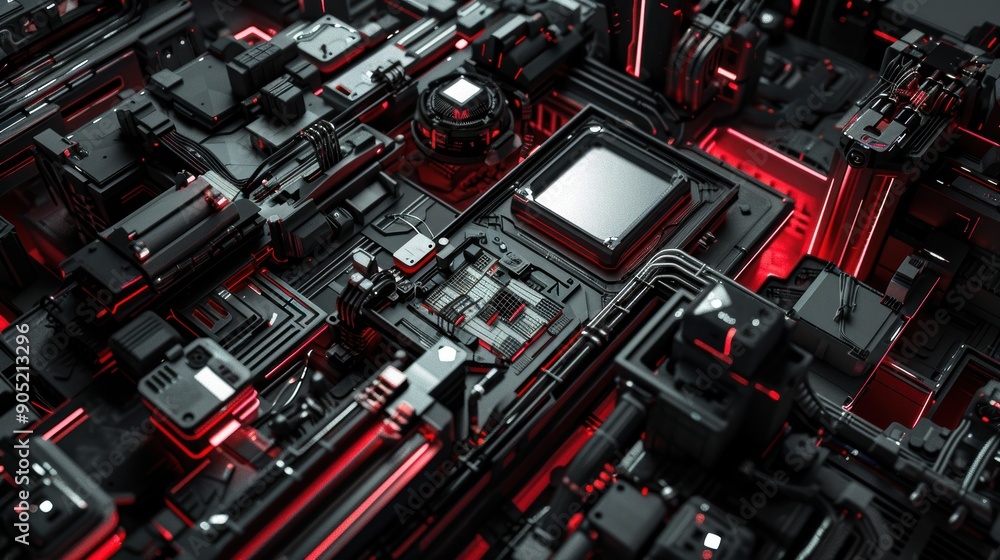 Poster complex circuit board with red lights is pulsing with energy, showcasing the power of advanced techn