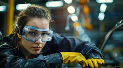 A woman wearing safety goggles and gloves, working on a car in a workshop.