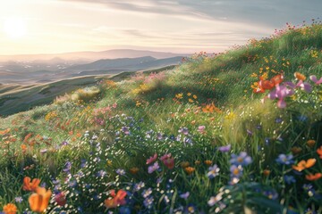 Fototapeta premium A Field of Wildflowers Blooming Under a Golden Sunset
