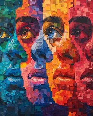 Fototapeta premium Colorful mosaic art featuring four faces in a spectrum of vibrant hues, showcasing abstract creativity and expressive emotion.