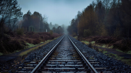 Fototapeta premium Train rails surrounded by trees in natural environment, railways or railroad for transportation and travel, construction road in misty foggy wilderness, long road direction, transport infrastructure