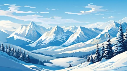 Obraz premium Blue sky over mountains, skiers descending slopes, vibrant winter scene, flat design illustration